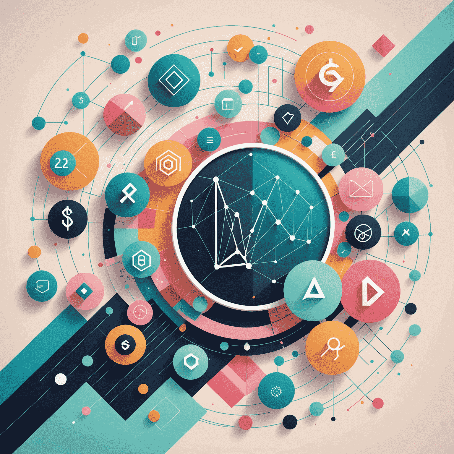 Illustration abstraite représentant des graphiques de trading et des symboles d'IA en couleurs pastel, avec des formes géométriques et des lignes fluides